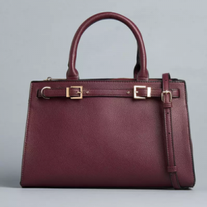 MAX Buckle Detail Tote Bag with Double Handle and Zip Closure - BURGUNDY