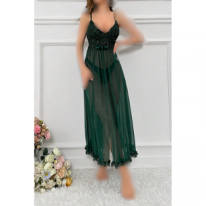 SHEIN Women's Glittery Splice Strap Sexy Pajama Night Dress - Emerald ( Green)