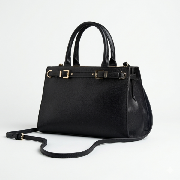 MAX BUCKLE DETAIL TOTE BAG WITH DOUBLE HANDLE AND ZIP CLOSURE – BLACK